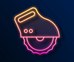 Glowing neon line Electric circular saw with steel toothed disc icon isolated on black background. Electric hand tool for cutting wood or metal. Vector
