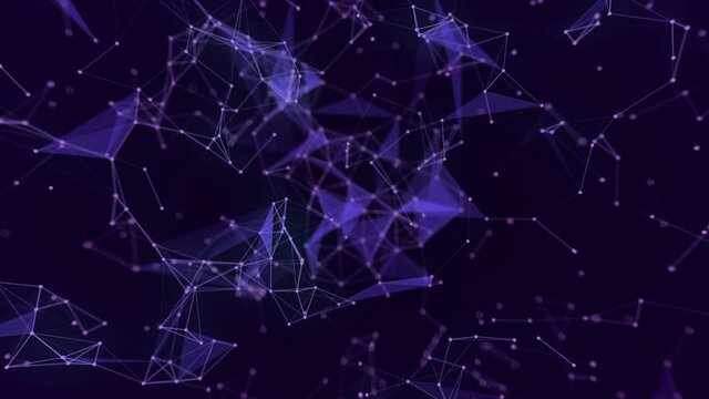 Animated abstract simple plexus background with molecule-like geometric shapes with bright interconnected points, on a dark purple to black gradient background