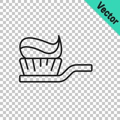 Black line Toothbrush with toothpaste icon isolated on transparent background. Vector