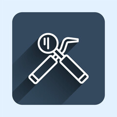 White line Dental inspection mirror and probe icon isolated with long shadow background. Explorer scaler. Tool dental checkup. Blue square button. Vector