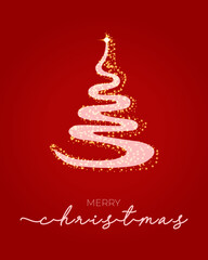 Merry Christmas greeting card. 2022 Happy New year. Christmas tree on red background made with gold sparkles