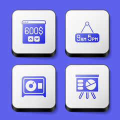 Set Monitor with dollar, From 9 5 job, Safe and Board graph icon. White square button. Vector