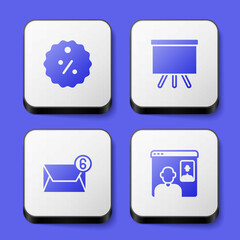Set Discount percent tag, Chalkboard, Mail and e-mail and Video chat conference icon. White square button. Vector