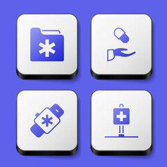 Fototapeta premium Set Medical health record folder, prescription, Smart watch with heart and Location hospital icon. White square button. Vector