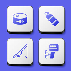 Set Canned fish, Aqualung, Fishing rod and Outboard boat motor icon. White square button. Vector