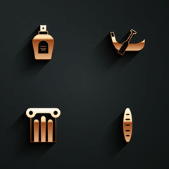 Set Perfume, Gondola boat, Ancient column and French baguette bread icon with long shadow. Vector