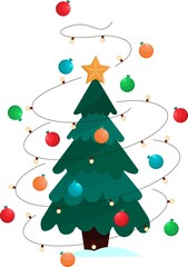 A Christmas tree with a garland and balloons. Christmas decorations, design elements and printing. Vector illustration isolated on a white background.