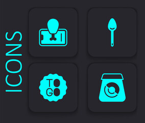 Set Online ordering food, Food on mobile, Spoon and Coffee cup to go icon. Black square button. Vector