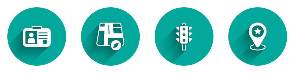 Set Taxi driver license, Location taxi car, Traffic light and with star icon with long shadow. Vector