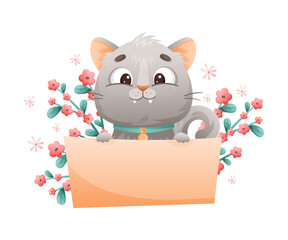 Cute Grey Cat with Flowers Sitting with Empty Banner Vector Illustration