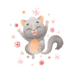 Cute Grey Cat with Flowers Jumping with Joy and Happiness Vector Illustration