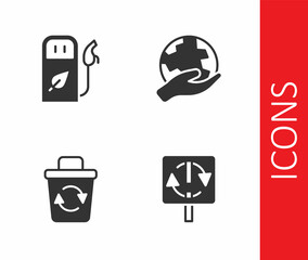 Set Recycle symbol, Petrol or gas station, bin and Hand holding Earth globe icon. Vector