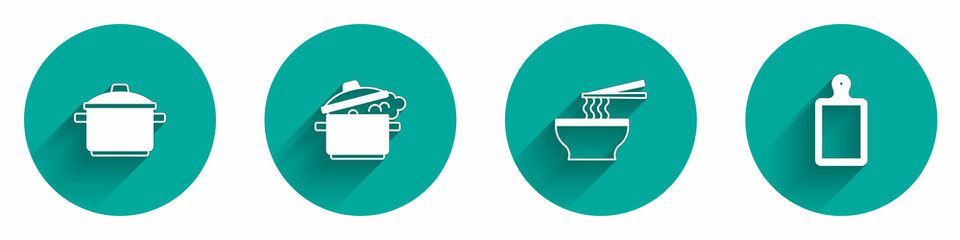 Set Cooking pot, Asian noodles bowl and Cutting board icon with long shadow. Vector