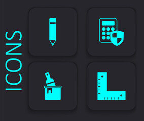 Set Corner ruler, Pencil with eraser, Security keypad access panel and Paint bucket brush icon. Black square button. Vector