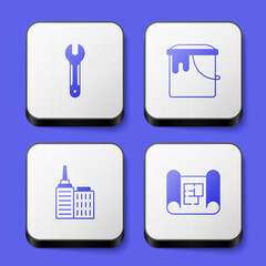 Set Wrench spanner, Paint bucket, City landscape and House plan icon. White square button. Vector