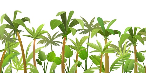 Rainforest background. Jungle trees. Isolated on white background. Cartoon fun style. Seamless landscape with palm tree vector.
