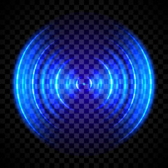 Blue glowing ring. Sonar sound wave. Signal concentric circle. Radio station signal. Water ripple with circle waves isolated on transparent background.