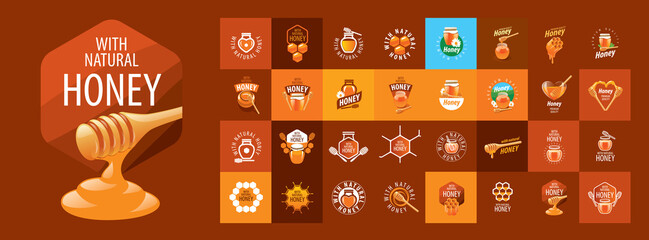 A set of vector honey logos on different colored backgrounds