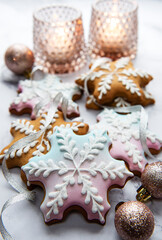 Christmas gingerbread cookies on marble table