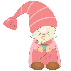 Vector isolated illustration of a gnome holding a cup of coffee. A cute gnome in rocha clothes with a blue mug of hot drink.