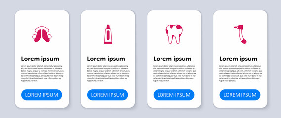 Set Tooth drill, Broken tooth, Tube of toothpaste and Dental plate. Business infographic template. Vector