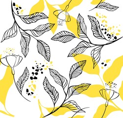 Wallpaper, pattern, seamless background with black and yellow leaves and flowers. Floral wallpaper for design