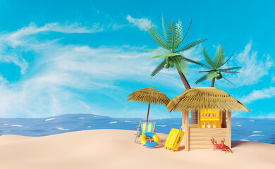 shop store cafe with ice cream showcases or fridge,suitcase, umbrella,palm tree,lifebuoy,beach chair,umbrella,seaside isolated on blue sky background.summer travel concept,3d illustration or 3d render