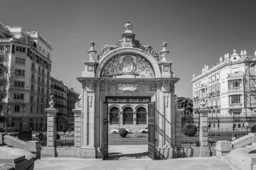 Gate of Philip IV. El Retiro Park. Madrid. Spain. Built in 1690. Black and white. Horizontal view.