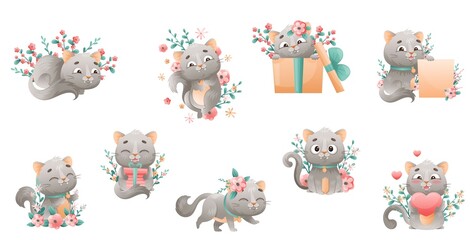 Cute Grey Cat with Flowers Holding Red Heart and Gift Box Vector Set