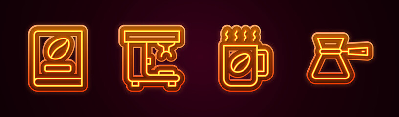 Set line Coffee book, machine, cup and turk. Glowing neon icon. Vector