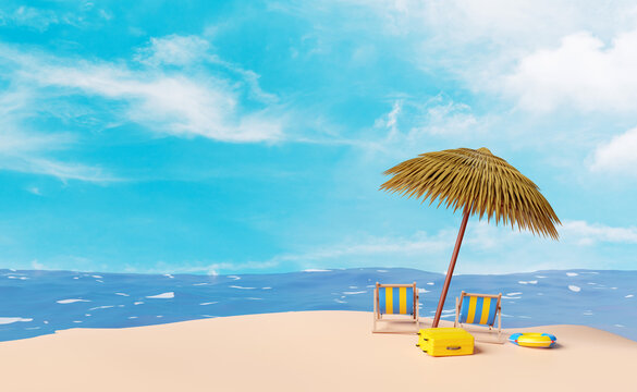 summer travel with yellow suitcase, umbrella,lifebuoy,beach chair,umbrella,seaside isolated on blue sky background.concept 3d illustration or 3d render