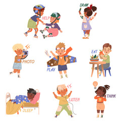 Cute boys and girls doing different activities set. Verbs expressing action, children education concept cartoon vector illustration
