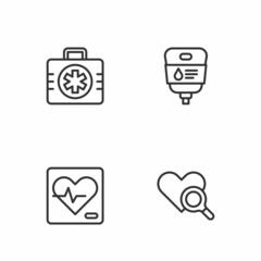 Fototapeta premium Set line Medical heart inspection, Heart rate, First aid kit and IV bag icon. Vector