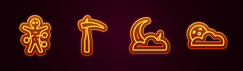 Set line Voodoo doll, Scythe, Moon and stars and . Glowing neon icon. Vector