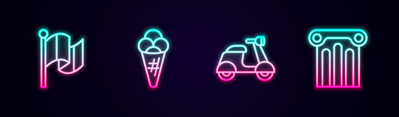 Set line Flag Italy, Ice cream in waffle, Scooter and Ancient column. Glowing neon icon. Vector
