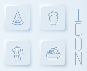 Set line Slice of pizza, French man, Coffee maker moca pot and Pasta spaghetti. White square button. Vector