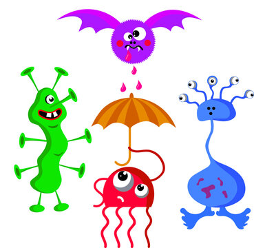 Vector image of the family funny monsters creatures isolated on the white background. With umbrella, wings, eyes, heads and feet and teeth.