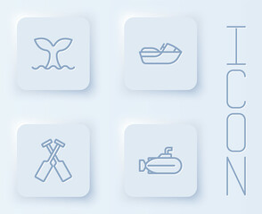 Set line Whale tail, Jet ski, Crossed oars or paddles boat and Submarine. White square button. Vector