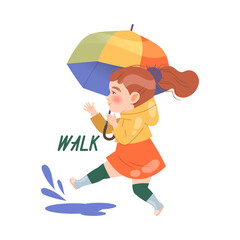 Cute little girl walking with umbrella. Verb expressing action, children education concept cartoon vector illustration