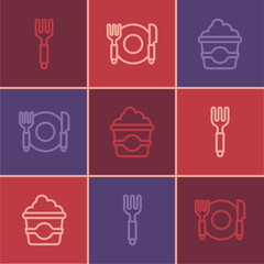 Set line Fork, Popcorn in cardboard box and Plate, fork and knife icon. Vector