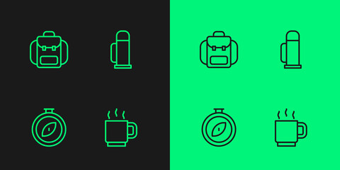 Set line Coffee cup, Compass, Hiking backpack and Thermos container icon. Vector