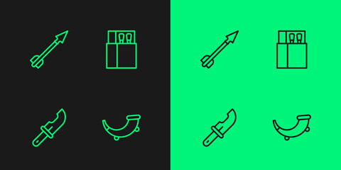 Fototapeta premium Set line Hunting horn, Hunter knife, Medieval arrow and Open matchbox and matches icon. Vector