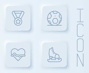 Set line Medal, Soccer football ball, Heart rate and Skates. White square button. Vector