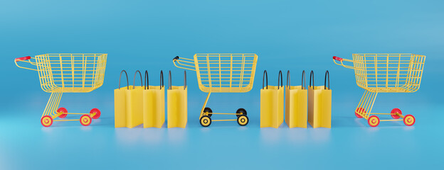 yellow shopping trolleys. shopping design, advertising poster, banner 3d illustration