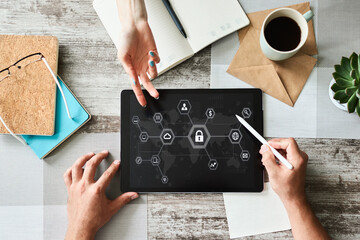 Data security, cyber protection, information privacy concept on device screen.