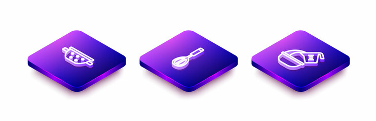 Set Isometric line Kitchen colander, whisk and Measuring cup bowl icon. Vector