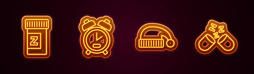 Set line Sleeping pill, Alarm clock, hat and . Glowing neon icon. Vector