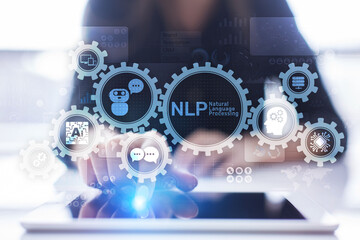 Fototapeta na wymiar NLP natural language processing cognitive computing technology concept on virtual screen.