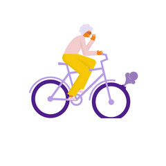 Elderly woman on a bicycle has a flat tire. grandmother cyclist is in the panic. Flat vector illustration