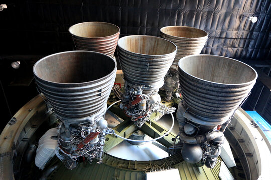 F-1 engines of the first stage of the Saturn V at the Saturn V Hall at the Davidson Center for Space Exploration, U.S. Rocket and Space Center
